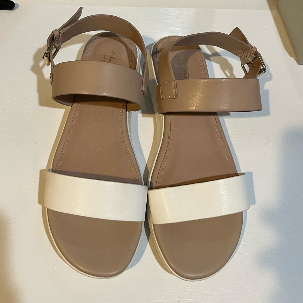 Aldo tan and white flat sandals